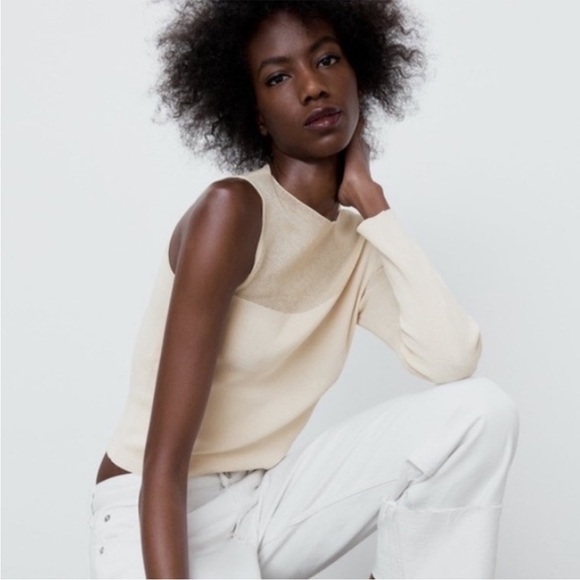 Zara Ivory Illusion Sheer Neck One Shoulder Asymmetric Knit Top size small - Picture 2 of 8